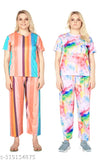 Women's printed polyester night suit set - short sleeve top & pyjamas, vibrant design for women and girls