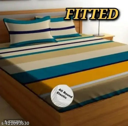Multicolor striped elastic fitted cotton bedsheet, superfine quality for summer