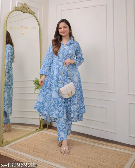 Women's cotton printed Anarkali CoOrd set, long sleeves with palazzos, vibrant Indian design on display