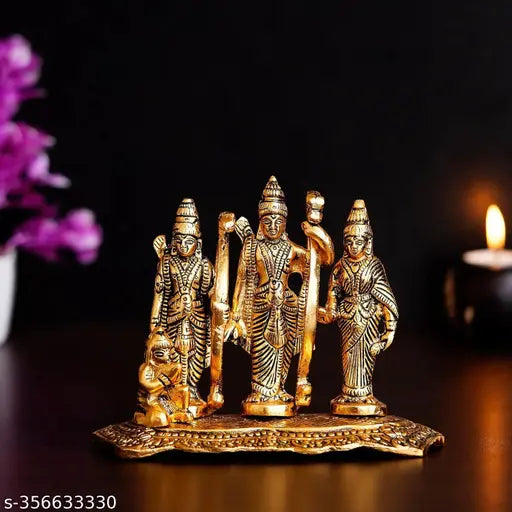 White metal Lord Ram Darbar Murti Idol with golden oxidized finish - ideal for home temple Diwali decoration