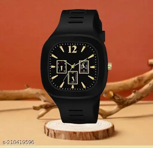 Black analog quartz wrist watch, gold hour markers, 12 and 6 o'clock subdials