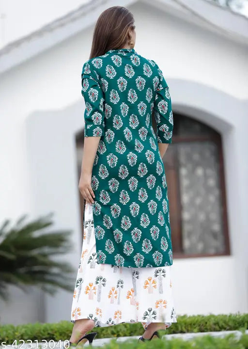 Green rayon printed kurta and palazzo set for women, one side pocket, trendy fashionable wear with latest design