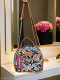 Ikkat trendy cross-body sling bag for college girls and women, blue fabric with black trim