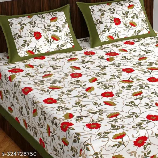 Red floral cotton bedsheet set with 2 pillow covers, 180 TC, Jaipuri design.