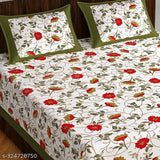 Red floral cotton bedsheet set with 2 pillow covers, 180 TC, Jaipuri design.