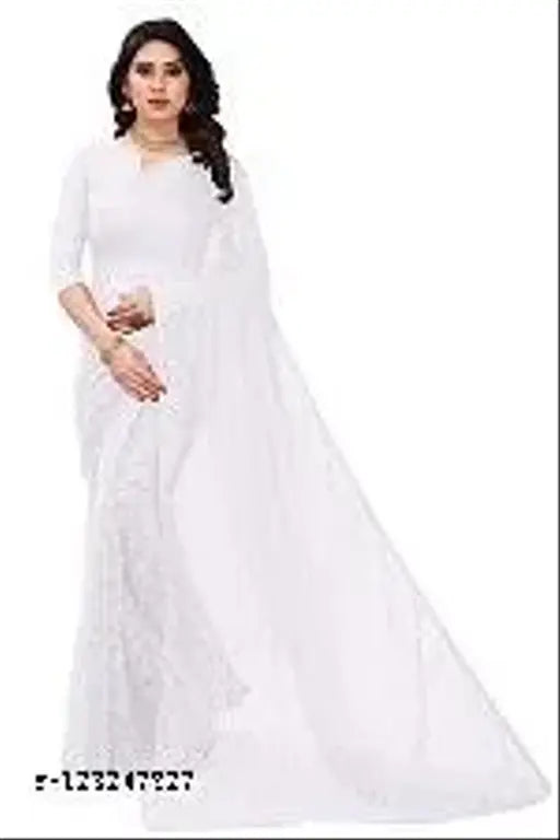 White Art Silk Net Saree, free size, ideal for parties and designer work