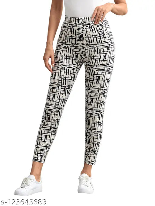 Stylish striped cotton blend lycra jeggings for women, printed net pattern, sizes 28-34