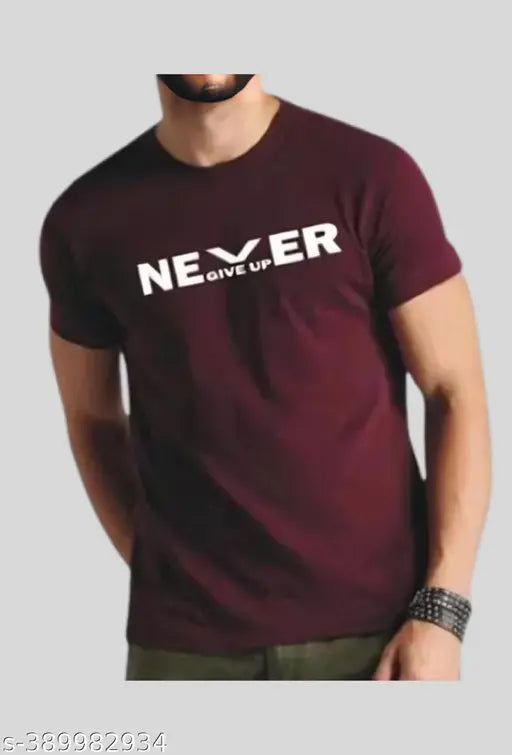 Black polyester men's round neck t-shirt with printed design, lightweight and breathable for casual or formal events. Made in India