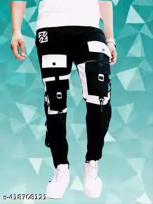 Men's black cargo pants with multiple pockets, knee patches