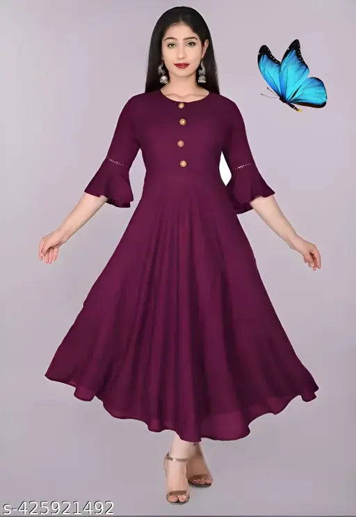 Purple round-neck kurti with flared bell sleeves, solid color