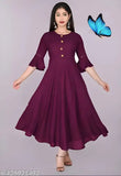 Purple round-neck kurti with flared bell sleeves, solid color
