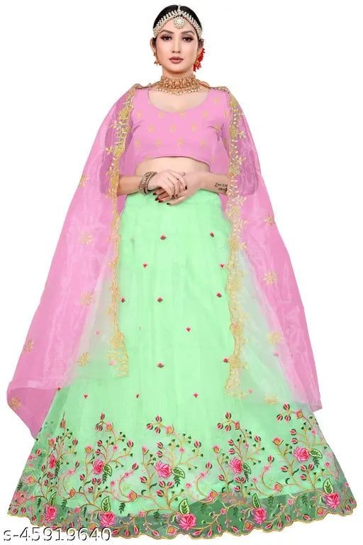 Attractive silk lehenga set, net bottomwear and dupatta with embroidery, semi-stitched (44in waist, 43in length), cut work border in both lehenga and dupatta, country of origin: India