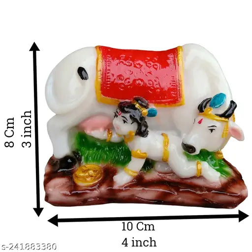 Marble-look Krishna Idol with Kamdhenu Cow, poly resin, spiritual Diwali/Puja decor. Divine cow showpiece with milking Krishna, great for home decor or gifting
