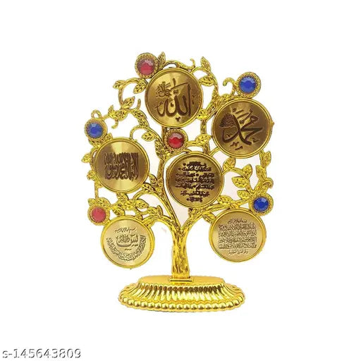 Gold plastic Allah Mohammed tree-shaped Islamic decor stand, size big 12 inches, Feng Shui showpiece for home or office