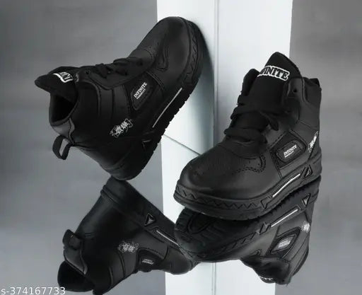 Black BUMRAH sports shoes for boys and kids with blue accents, lace-up design, white sole, and black shoelaces