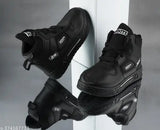 Black BUMRAH sports shoes for boys and kids with blue accents, lace-up design, white sole, and black shoelaces