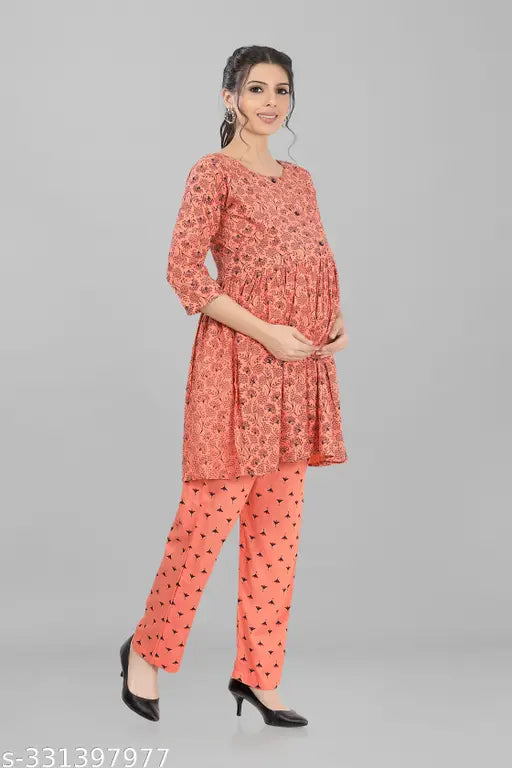 Rayon maternity night suit set (top & bottom), printed net design for feeding body, solid colors for smart fit and comfortable style