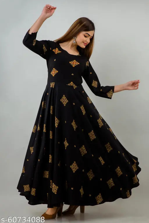 Black and gold printed rayon kurta with long hemline