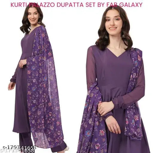 Indian Women's Anarkali Kurti Set in Crepe, Georgette - Vibrant Printed Dupatta & Palazzos, Country of Origin: India