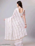 White saree with border embellishments, full length, long pallu