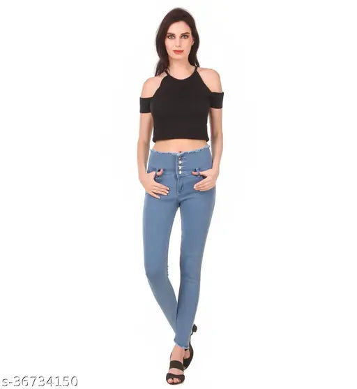 Women's light blue furfur fringed hem slim fit jeans