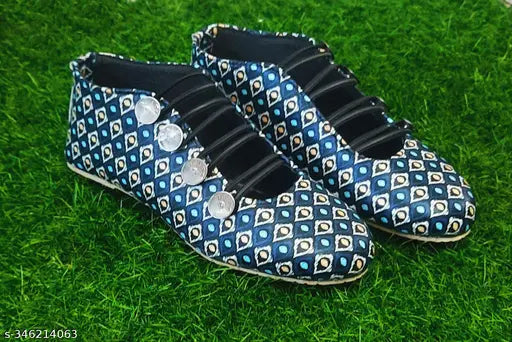 Synthetic casual bellies shoes for women in printed design, closed back pattern, available in sizes IND-4, IND-7, IND-8 (Made in India)
