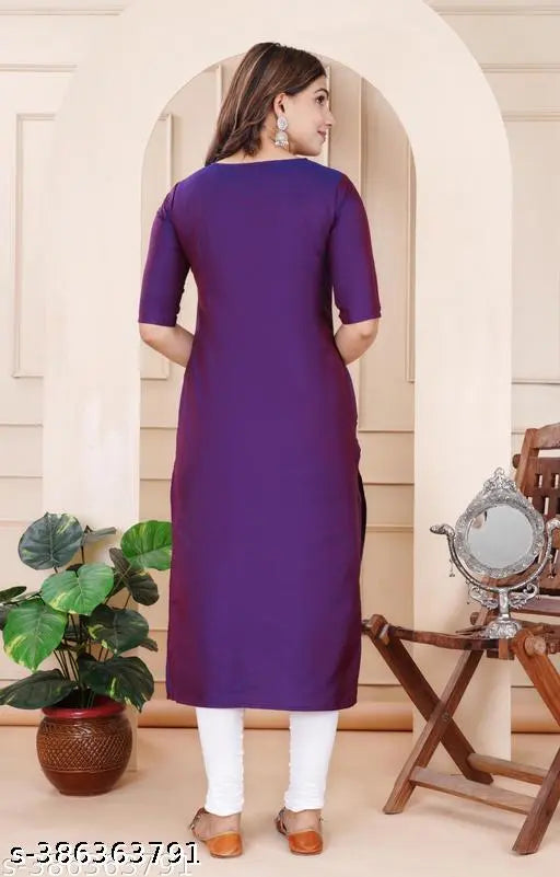 Art Silk wine purple A-line, knee-length kurta for women with three-quarter sleeves