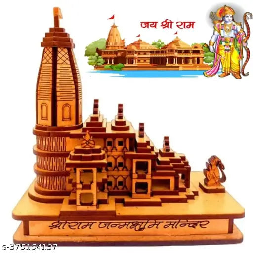 Handcrafted wooden 3D model Shree Ram Mandir, perfect for car dashboard or home puja, 12cm x 12cm x 6cm