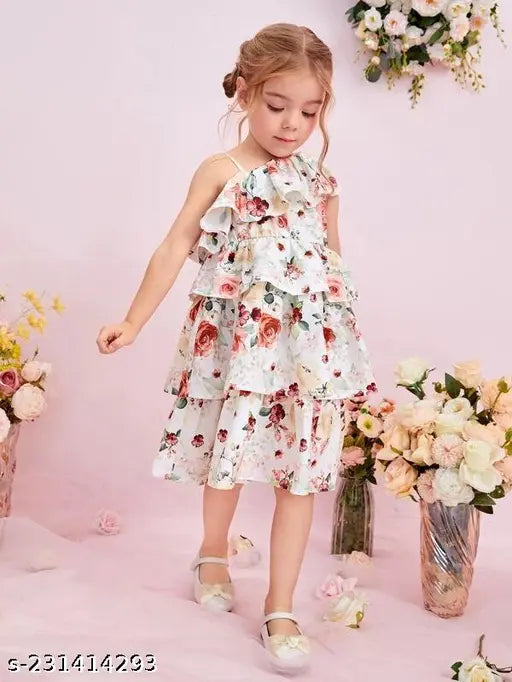 White one-shoulder dress with ruffle detailing on a young girl posing in front of flowers
