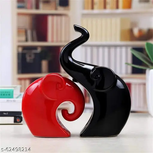Red-black piano finish elephant couple, resin animal figurines for home decor. Tabletop showpieces set of 2, 15 cm x 10 cm x 21 cm