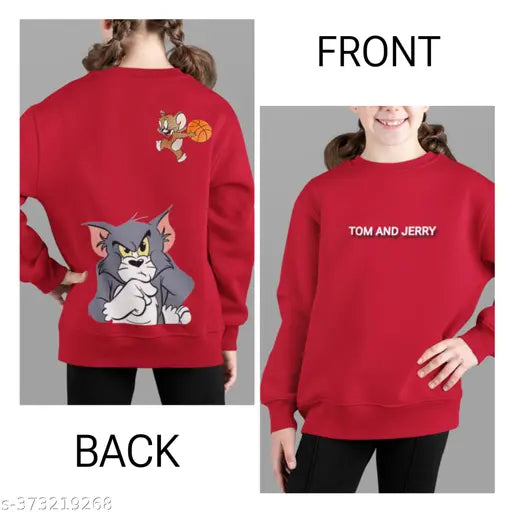 Cotton blend girls sweatshirt with Tom and Jerry front & back prints, suitable for ages 1-10 years, made in India