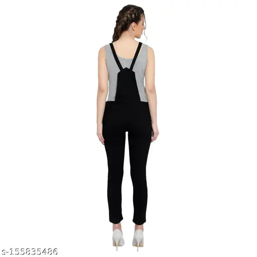 High waisted blue denim dungaree for women, sleeveless style with adjustable shoulder straps and four pockets