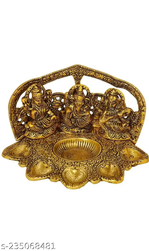 Metal laxmi ganesh Saraswati 5 diya set for home, temple, office decoration & gifting. Product dimensions: 20cmL x 12.5cmH x 13.5cmB