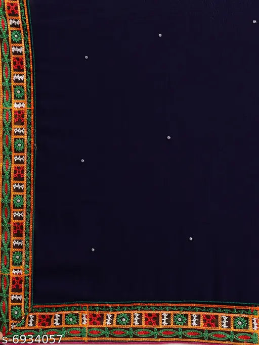 Dark fabric with intricate embroidery, designed for women's wear