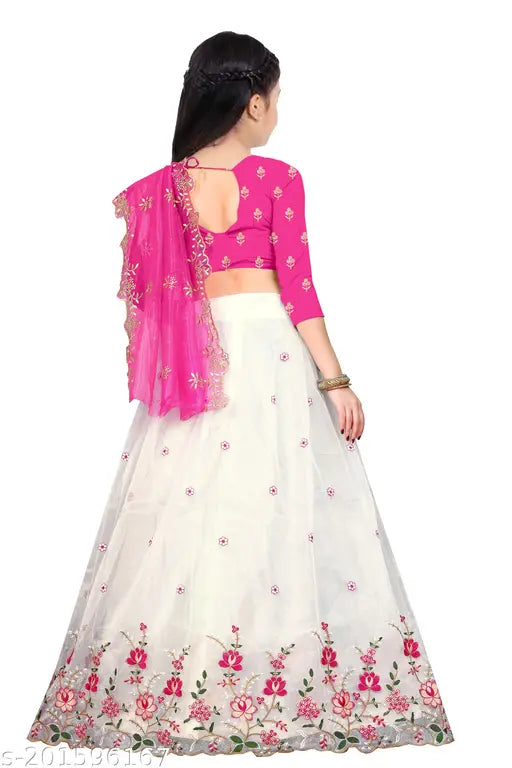 Embroidered dupion silk lehenga choli with net dupatta and cut work border, suitable for 8-12 year olds, semi-stitch net fabric and unstitched blouse, made in India