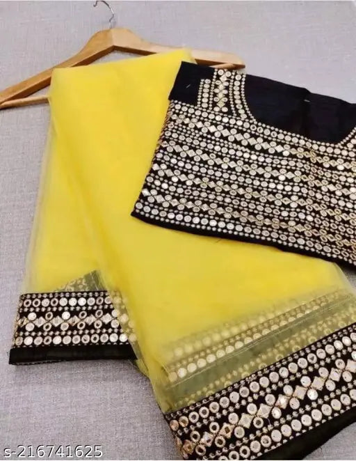 Fancy mirror saree, net with embroidered satin silk blouse, free size, premium quality, Indian origin