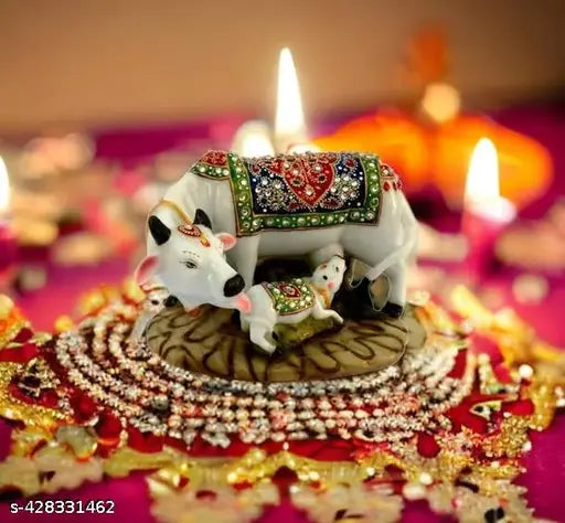 High-quality marble Kamdhenu cow and calf statue with stone studding, 12cm tall, spiritual Vastu decor piece for home or pooja ghar