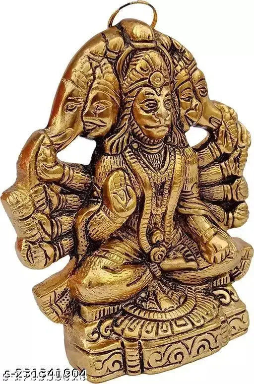 Handcrafted brass Panchmukhi Hanuman ji Murti/Bajrangbali decorative Diwali pooja showpiece (L11cm, B15cm, H13cm) - Hindu deity for home or gifting