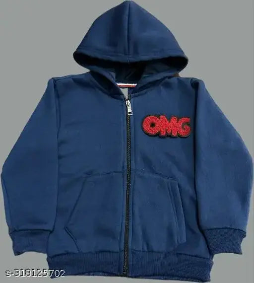 Navy blue hooded jacket with red OMG logo