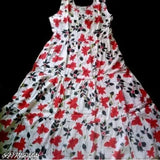 Pink and white flared rayon gown, sleeveless, round neckline, print combo. Women's fashion for special occasions