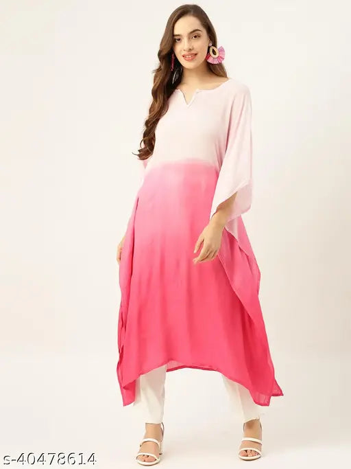 Ombre-pink crepe tie-dyed kaftan kurta, vibrant Indian ethnic wear for women in 4 sizes