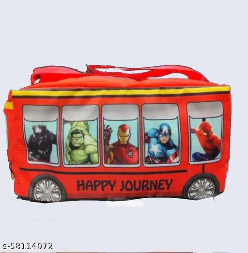 The image displays a colorful bag with a playful design featuring various superheroes