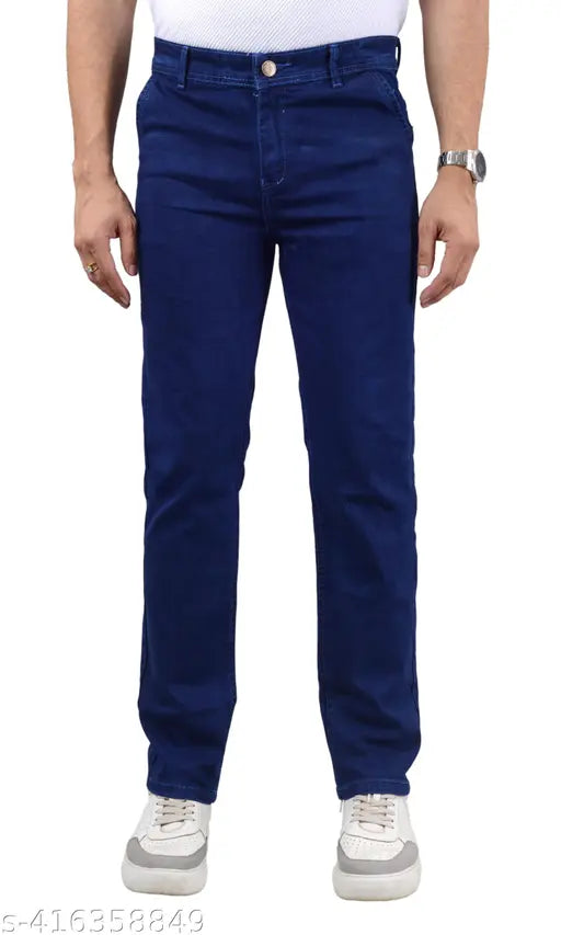 Dark blue stretchable denim jeans for men, featuring timeless style and adaptability