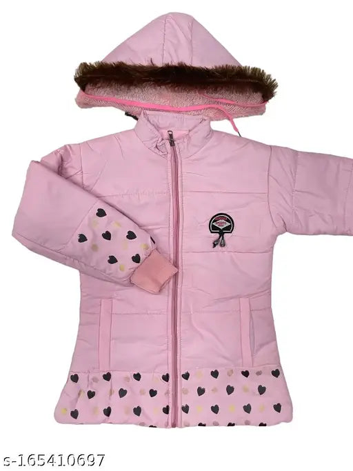 Pink children's padded jacket with fur hood