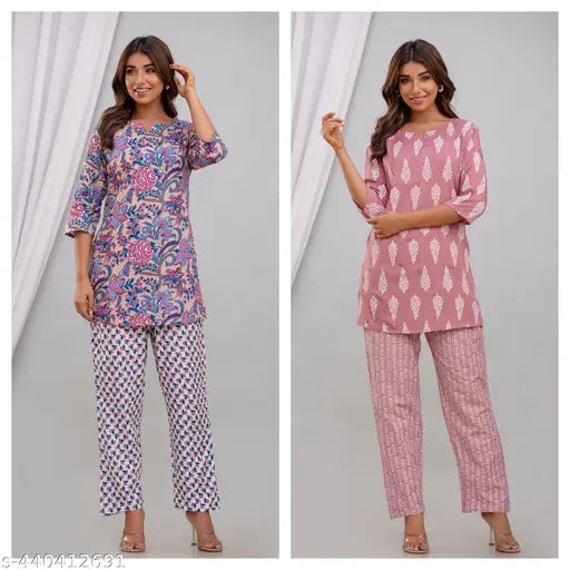 Rayon nightsuit combo for women, stylish printed pyjamas in 3-quarter sleeves