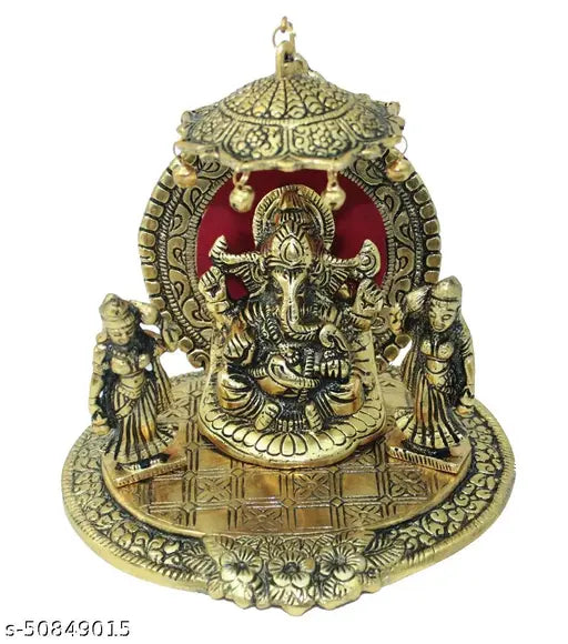 Golden Crafticia Metal Lord Ganesh with Ridhi and Sidhi showpiece (16x14x20 cm), depicts the Hindu deity under an umbrella in a sitting position, ideal for pooja rooms or temples