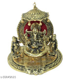 Golden Crafticia Metal Lord Ganesh with Ridhi and Sidhi showpiece (16x14x20 cm), depicts the Hindu deity under an umbrella in a sitting position, ideal for pooja rooms or temples