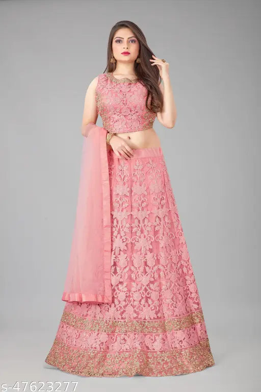 Arvika pink net zari semi-stitched lehenga choli and dupatta, intricate zari work on net fabric, Indian traditional women's wear