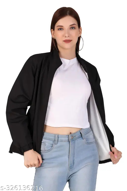 PU women's full sleeve windcheater, solid pattern, warm inner riceknit, made in India (M: 19in bust, 25in length; L: 20in bust, 26in length; XL: 21in bust, 27in length)