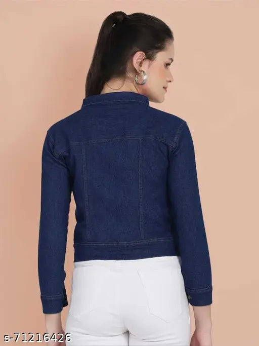 Dark blue solid denim women's casual jacket by Saman Fashion Wear, perfect for everyday style